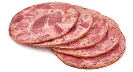 Ham sausage slices, isolated on white background. High resolution image