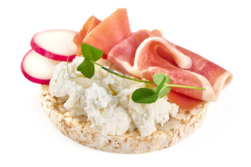 Rice cake with cream cheese and jamon, isolated on white background. High resolution image