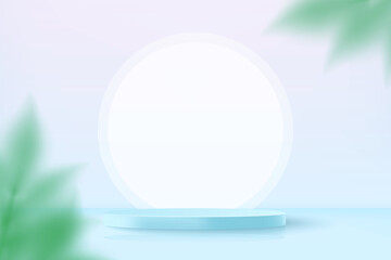 Pastel blue podium with blurred leaves. Realistic light blue platform for product presentation with white circle at backdrop. Nature geometric scene with pedestal mockup. Vector 3d illustration