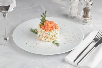 Traditional salad Russian cuisine Olivier