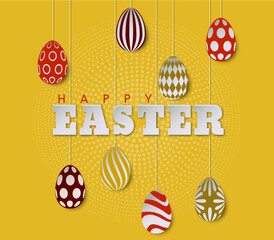 Happy Easter bright invitation card with red and yellow eggs and ornament
