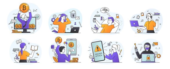 Set of eight scenes depicting Students at Leisure, Hacker Attack Threat, Bitcoin Trading