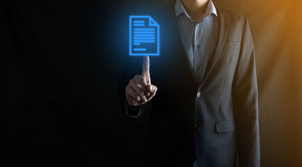 Businessman man holding a document icon in his hand Document Management Data System Business Internet Technology Concept. Corporate data management system DMS