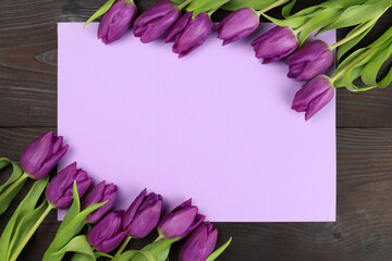 Greeting card with bouquet of tulips, mockup. Copy space for text