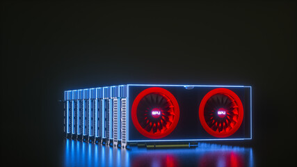 several video cards highlighted with blue neon light on a black background. crypto farm concept. mining cryptocurrency. 3d render illustration