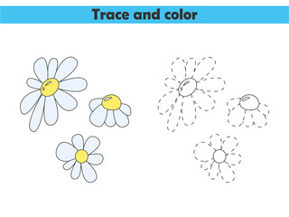 Trace and color the cute flowers. Learning to draw and paint. Worksheet for preschoolers. Vector illustration.
