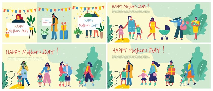 Colorful vector illustration concepts of Happy Mother's day . Mothers with the children for greeting cards, posters and backgrounds