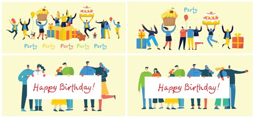 Happy birthday party background. Happy group of people celebrate on a bright background. Vector illustration