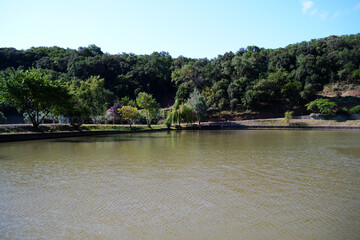 Metochi of Monastery Chilandari. Landscape with the garden and the lake of the monastery.