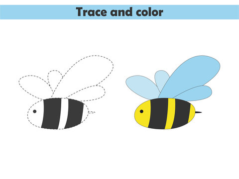 Trace and color the cute bee. Learning to draw and paint. Worksheet for preschoolers. Vector illustration.