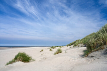 Weite Sicht am Sandstrand mit Düne und Dünengras auf der Insel Baltrum