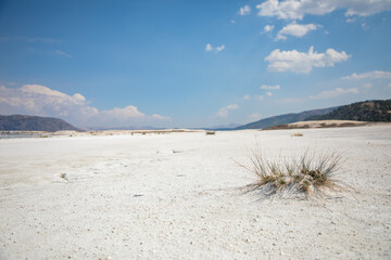 Beautiful view of white beach lake a desert of Salda Lake, Burdur, Turkey