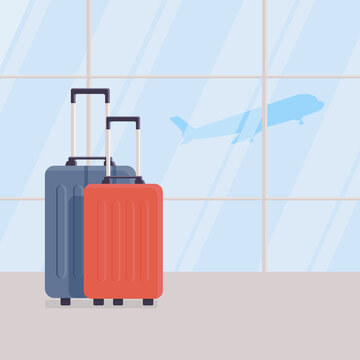 Two travel suitcases against background of large windows in waiting area of airport terminal, view of plane taking off. Interior of airport. Concept of vacation or business trip. Vector illustration