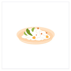 Chirashizushi flat icon.Scattered sushi. Rice spread on plate, seafood and vegetables. Sushi salad.Traditional dish.Spring Japanese food concept. Vector illustration