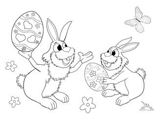 Easter bunnies sketch for coloring. Sketch of two Easter bunnies. Easter eggs. Black outlines on a white background. Coloring book for children.Two little bunnies