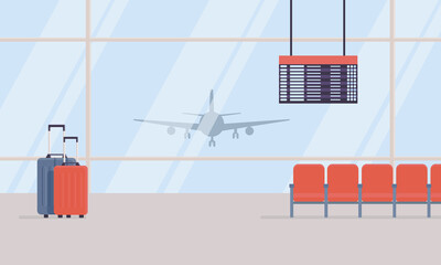 Modern interior of airport. Two travel suitcases, chairs, scoreboard in waiting area of airport terminal. Large windows, plane in background. Concept of  vacation or business trip. Vector illustration