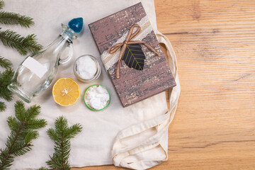 Eco home. Natural household cleaners: soda, vinegar, lemon, mustard powder, salt on wooden background. Eco friendly detergents, chemical free. Zero waste lifestyle. Green home concept