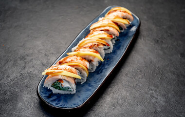 Japanese sushi rolls on a stone background	