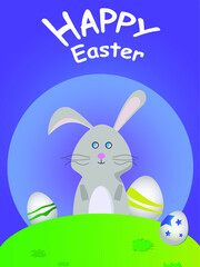 Vector illustration of the Easter bunny. A rabbit is sitting in a meadow, Happy Easter. Rabbit and Easter eggs, postcard