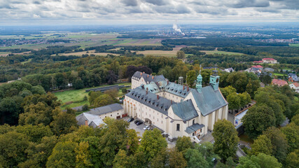 A magnificent monastery with a basilica and a sanctuary on St. Anne's Mountain, a place of Christian worship in Poland in the province
Silesia, aerial photos