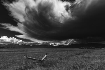 Storm clouds over a grassy field. - 421337242