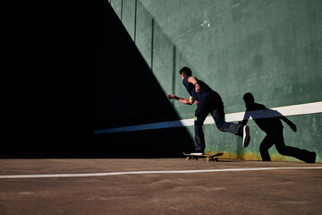 Firefighter riding a skateboard with his shadow on a green wall wearing a blue uniform