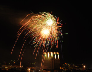 Sparkling fireworks display against the night sky. abstract background for celebration merry christmas, birthdays, Victory Day, independence, holidays, celebration, party, festival, new year concept