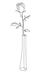 Flower silhouettes. Rose bud in glass plant leaf vase in modern trendy one line style. Solid line, outline for decor, posters, stickers, logo. Vector illustration.