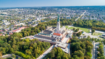 Poland, Częstochowa. Jasna Góra fortified monastery and church on the hill. Famous historic place and Polish Catholic pilgrimage site with Black Madonna miraculous icon. Aerial view in fall.