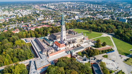 Poland, Częstochowa. Jasna Góra fortified monastery and church on the hill. Famous historic place and  Polish Catholic pilgrimage site with Black Madonna miraculous icon. Aerial view in fall. © Konrad Kerker