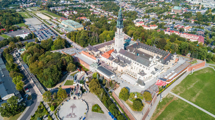 Poland, Częstochowa. Jasna Góra fortified monastery and church on the hill. Famous historic place and  Polish Catholic pilgrimage site with Black Madonna miraculous icon. Aerial view in fall. © Konrad Kerker