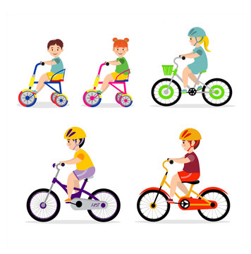 A set of children on children's bicycles. Children ride bicycles. Active recreation.  illustration