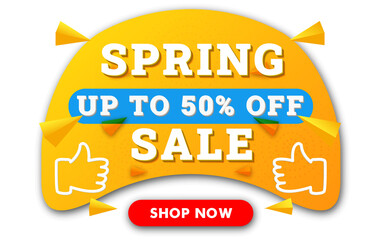 Spring Sale modern horizontal banner background. Up to 50% off sale banner template for discount, business, advertisement, promotion. Blue,yellow color. Stock vector illustration on white isolated bg.