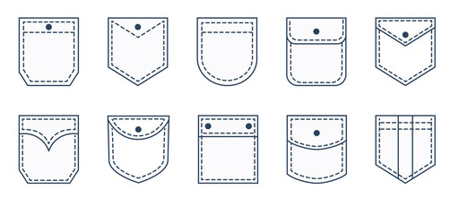 Pocket patches. Textile uniform pockets shapes for clothes bag vector pictures collection	