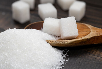 White, crystalline granulated sugar and white cube sugar.  Sugar is a harmful food to the body. Excessive consumption reveals diabetes and accelerates weight gain. 
