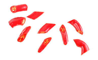 Chopped red hot chili pepper isolated on a white background, top view.
