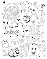 Happy Easter. Set of Easter doodles - basket with Easter eggs, Easter cakes, cupcake, rabbit, flowers and leaves, holiday decor. Vector. Black line, outline. Cute decor for design, print and postcards