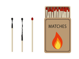 Matches set. Opened matchbox with fire, burnt matchstick isolated on white background. Vector illustration in flat style.