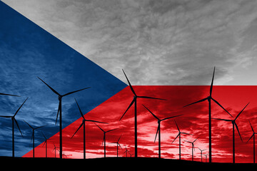 Czech Republic flag wind farm at sunset, sustainable development, renewable energy
