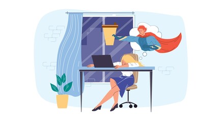 Cartoon flat employee character at work stress scene.Burnout tired woman sleep at desk workplace dream of coffee superhero-productivity,work stress situation,time management web site banner concept
