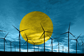 Palau flag wind farm at sunset, sustainable development, renewable energy