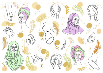 Collection. Silhouettes of the girl's head. Lady in a turban, scarf. Woman face in modern one line style. Solid line, contour for decor, posters, stickers, logo. Vector illustration set.