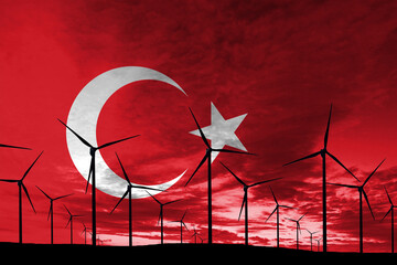 Turkey flag wind farm at sunset, sustainable development, renewable energy