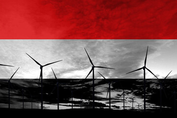 Yemen flag wind farm at sunset, sustainable development, renewable energy
