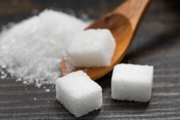 White, crystalline granulated sugar and white cube sugar.  Sugar is a harmful food to the body. Excessive consumption reveals diabetes and accelerates weight gain. 