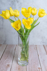 Yellow tulips in a vase on a gray background, close-up concept of congratulations ER