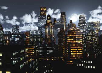 Night city under the moon, night skyscrapers, modern city at night, 3D rendering