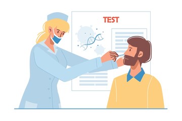 Vector cartoon flat doctor character at work doing PCR test.Physician take patient saliva sample - coronavirus prevention,covid disease infection diagnostics,treatment,therapy medical banner concept
