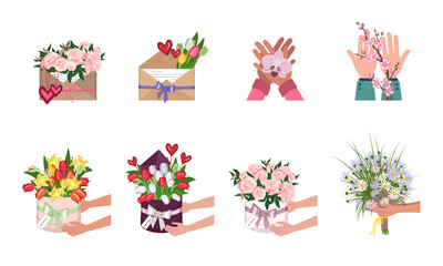 Fototapeta premium A set of flowers in a round box, envelope and in hands