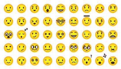 Cartoon gradient cute emoji set. Vector flat comic yellow emoticon isolated on white. World emoji day. Mood and facial smiles. Funny, angry, happy and sad faces web icons for chat message